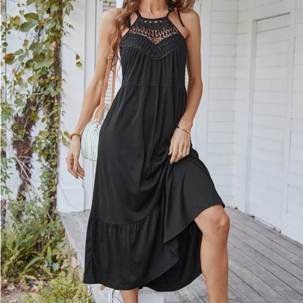 Delicate Crochet Bow Strap Ruffle Tier Dress - Picture 2 of 9